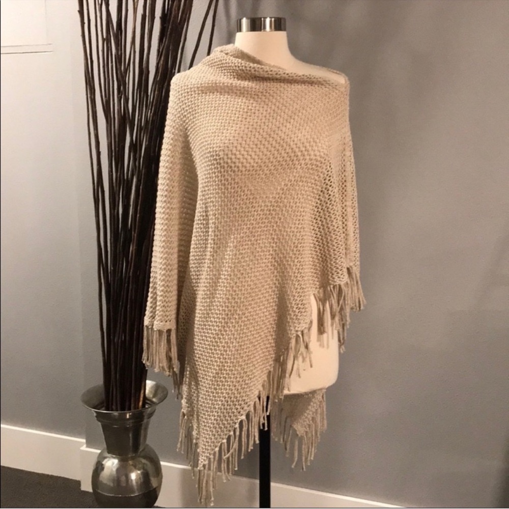 Lovestitch Cream Knit Poncho with Fringe